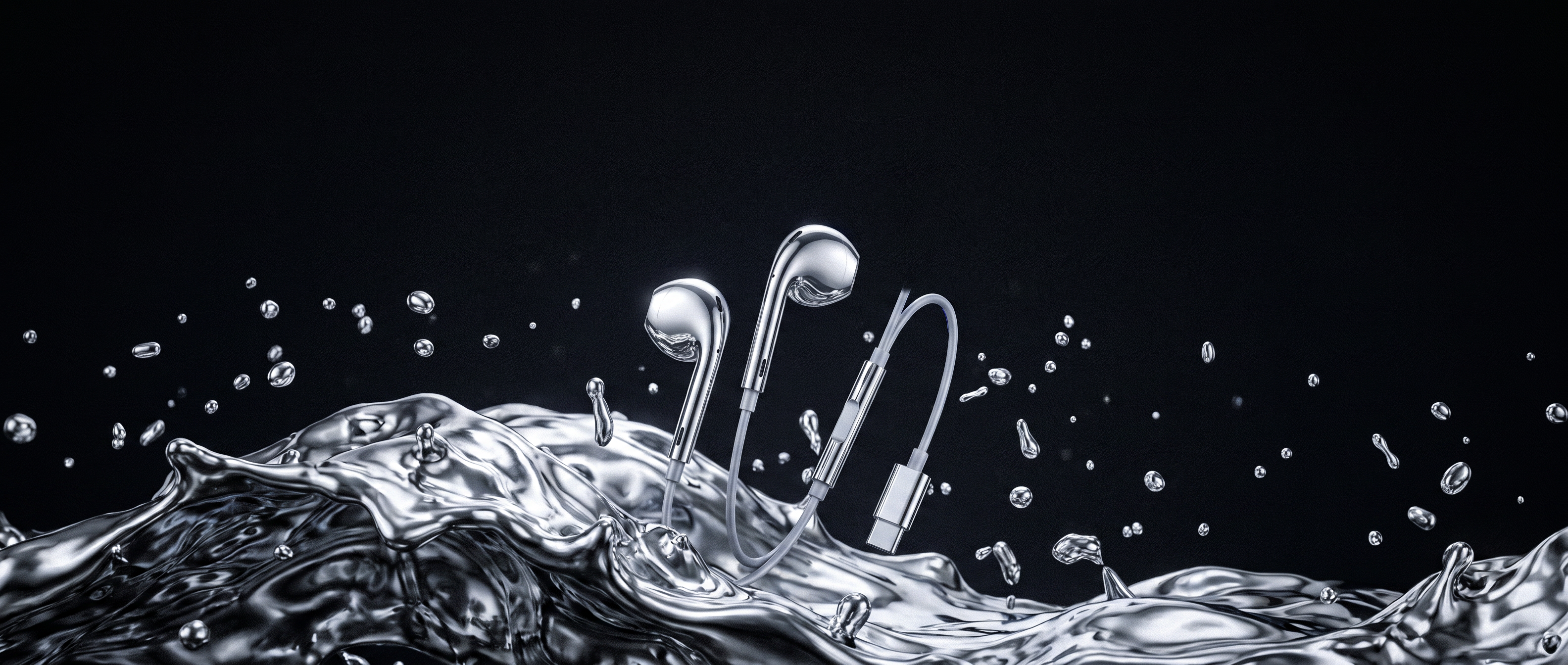 ARGENT One earphones emerging from a wave of liquid chrome