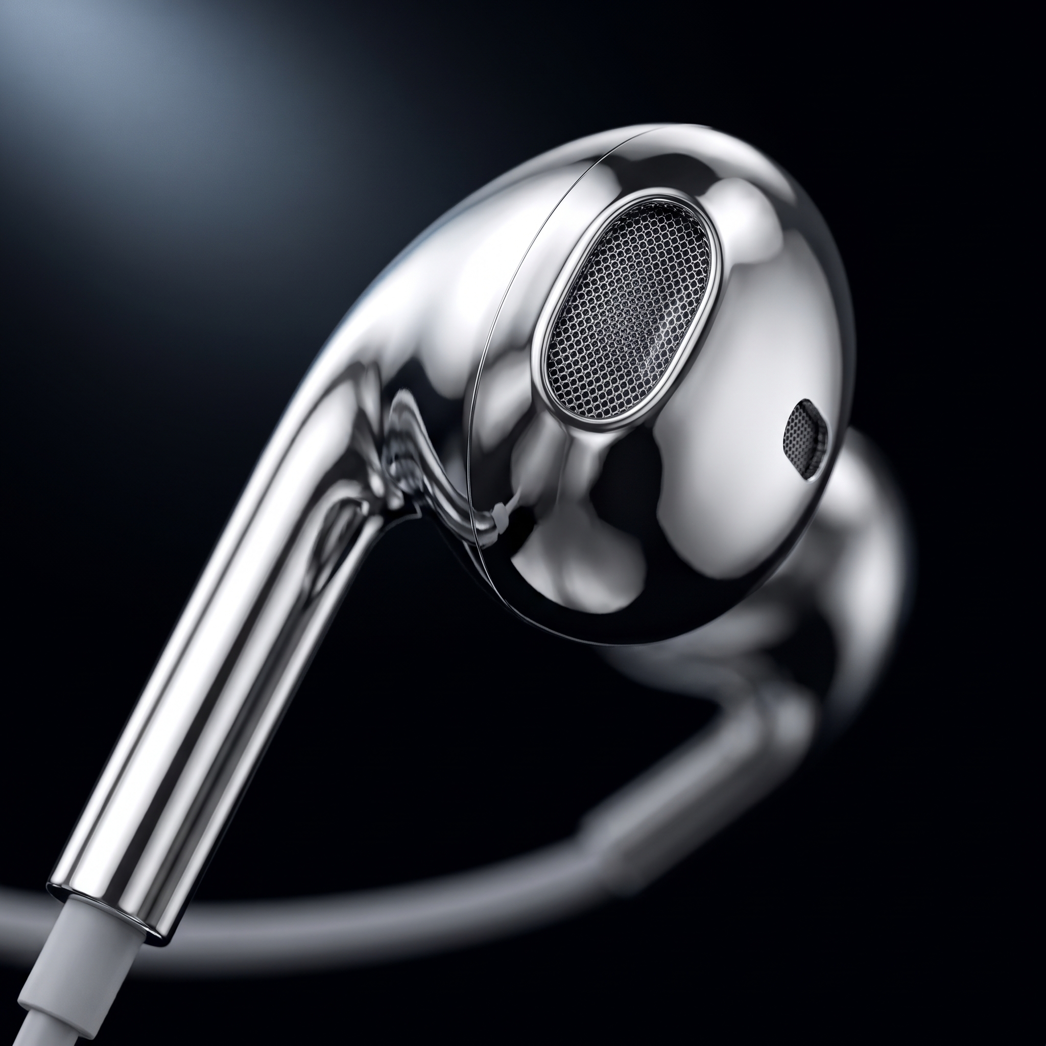Macro of chrome earbud with speaker grille