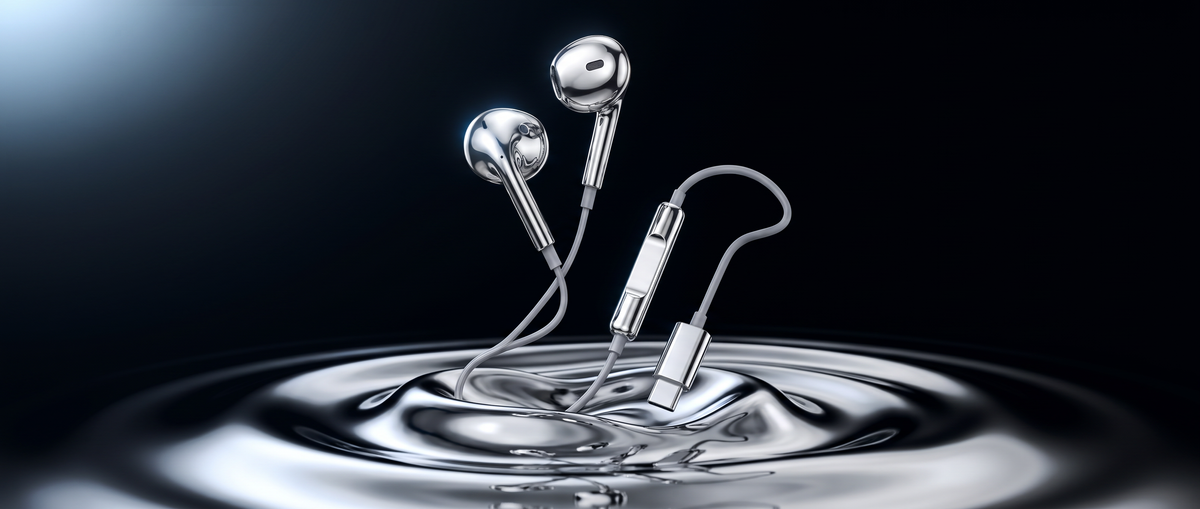 ARGENT One earphones rising from a pool of liquid chrome, deep black background