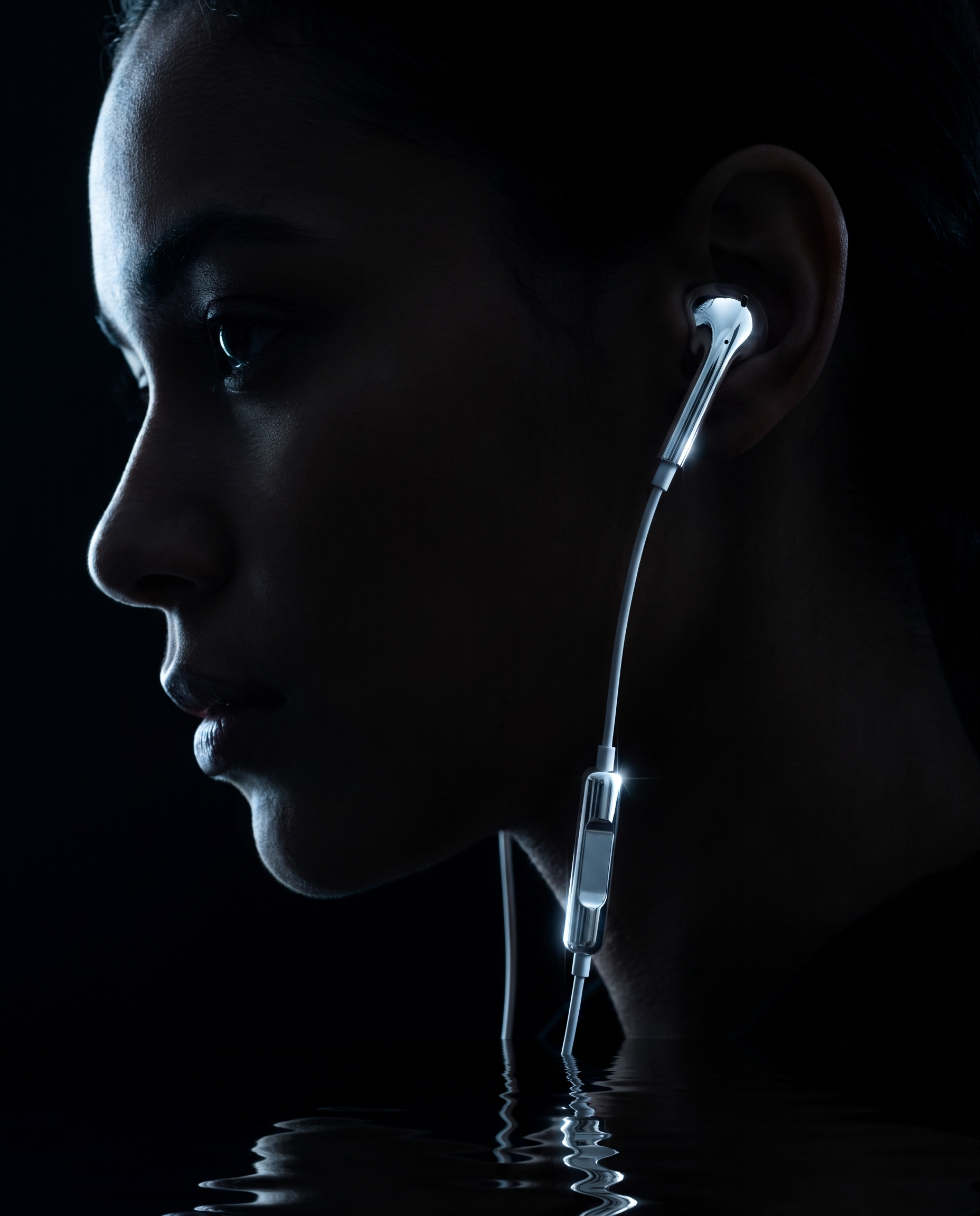 Editorial profile portrait wearing the ARGENT One silver earbud
