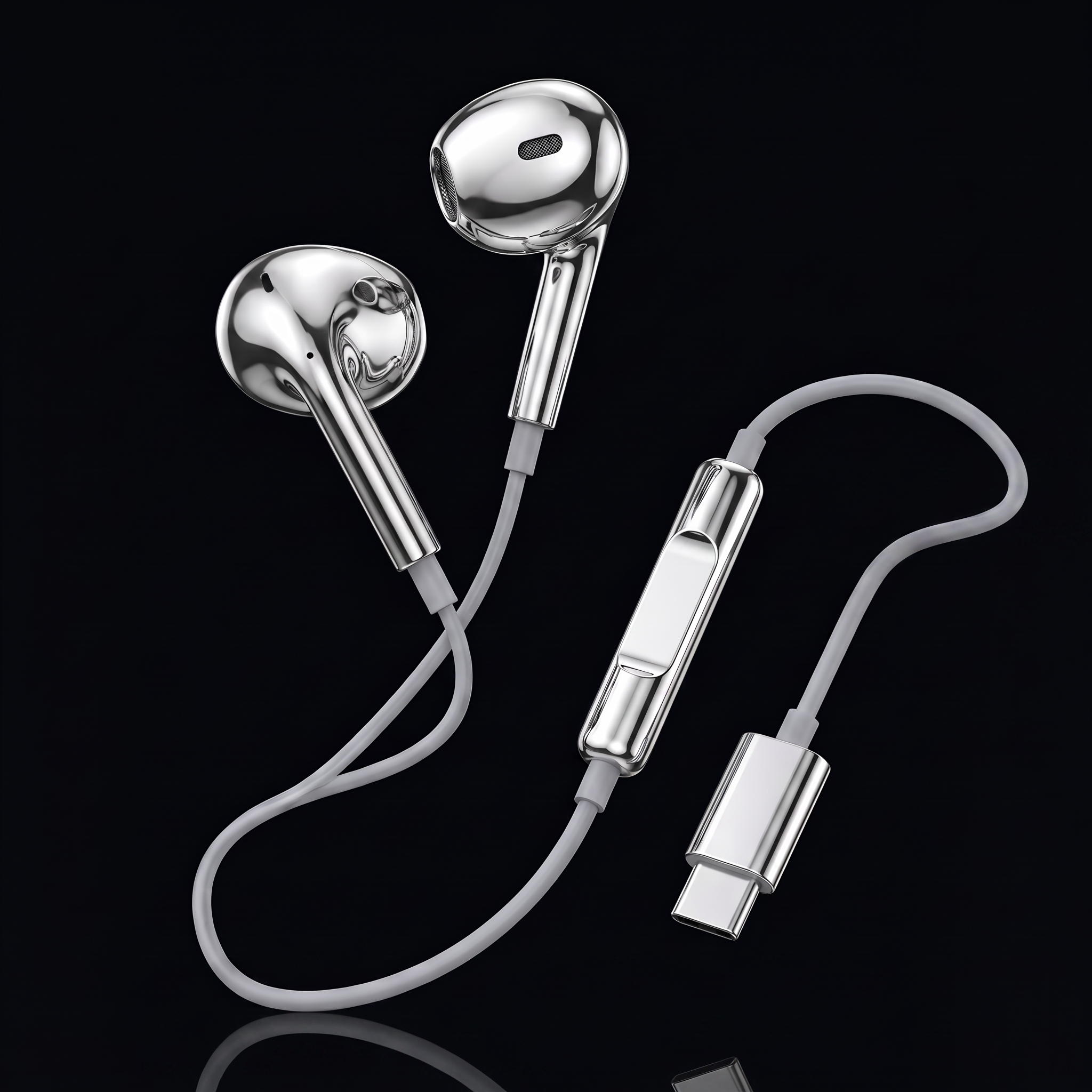 Electroplated silver wired earphones floating on deep black, USB-C connector and chrome inline remote
