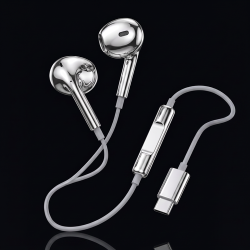 Electroplated silver wired earphones floating on deep black, USB-C connector and chrome inline remote