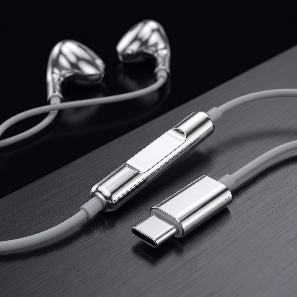 Chrome inline remote and silver USB-C connector on dark brushed metal