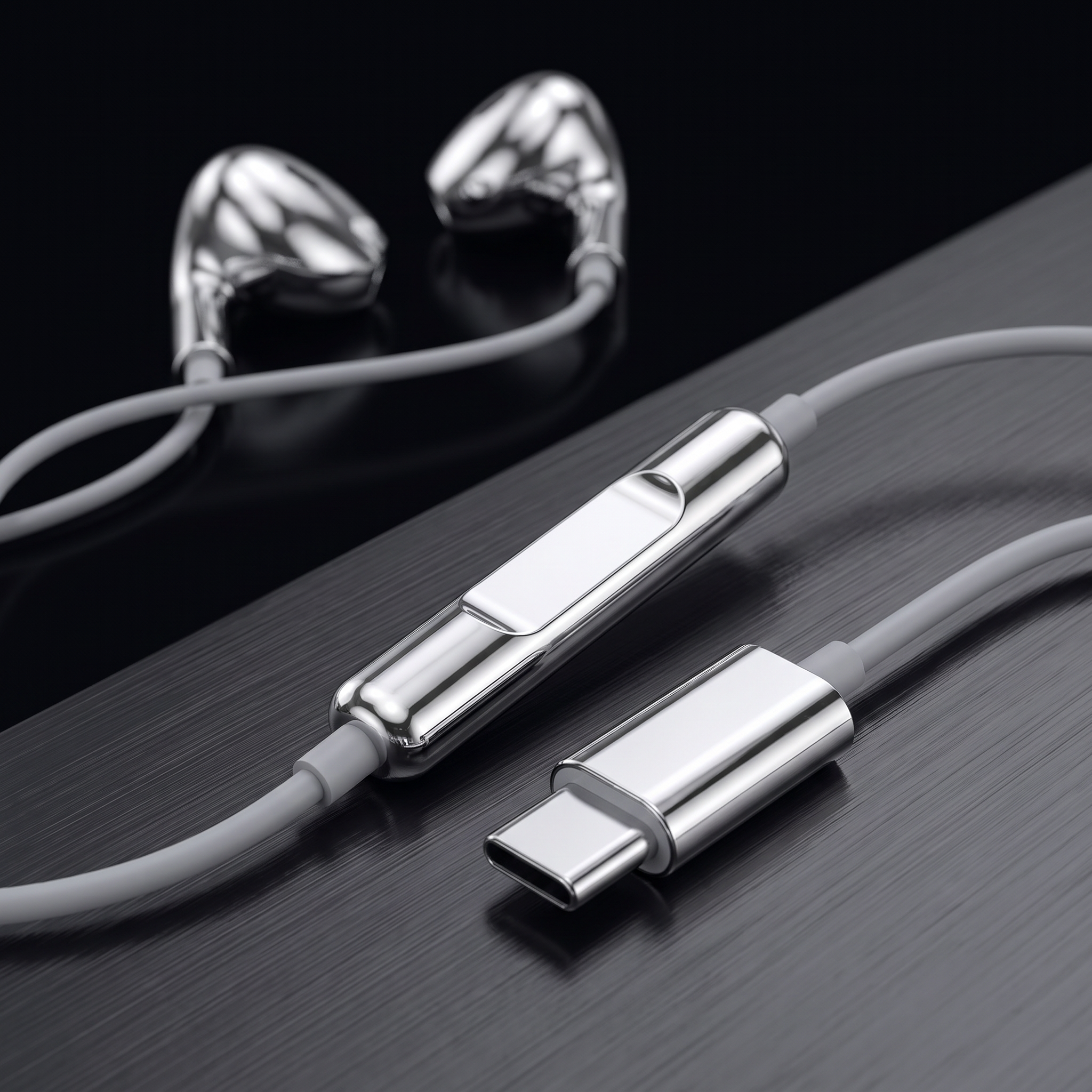Chrome inline remote and silver USB-C connector on dark brushed metal