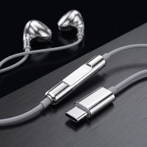 Chrome inline remote and silver USB-C connector on dark brushed metal