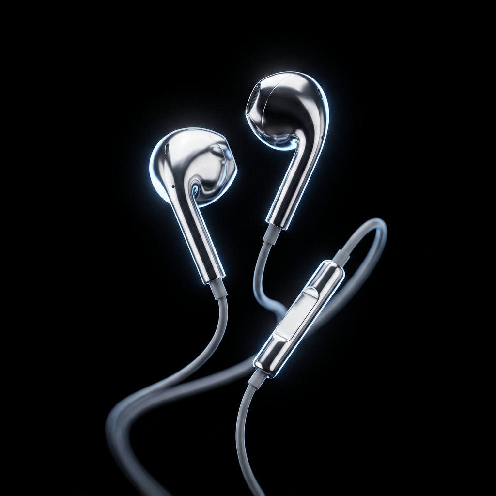 ARGENT One chrome-plated silver wired earphones floating against pure black background, studio lighting
